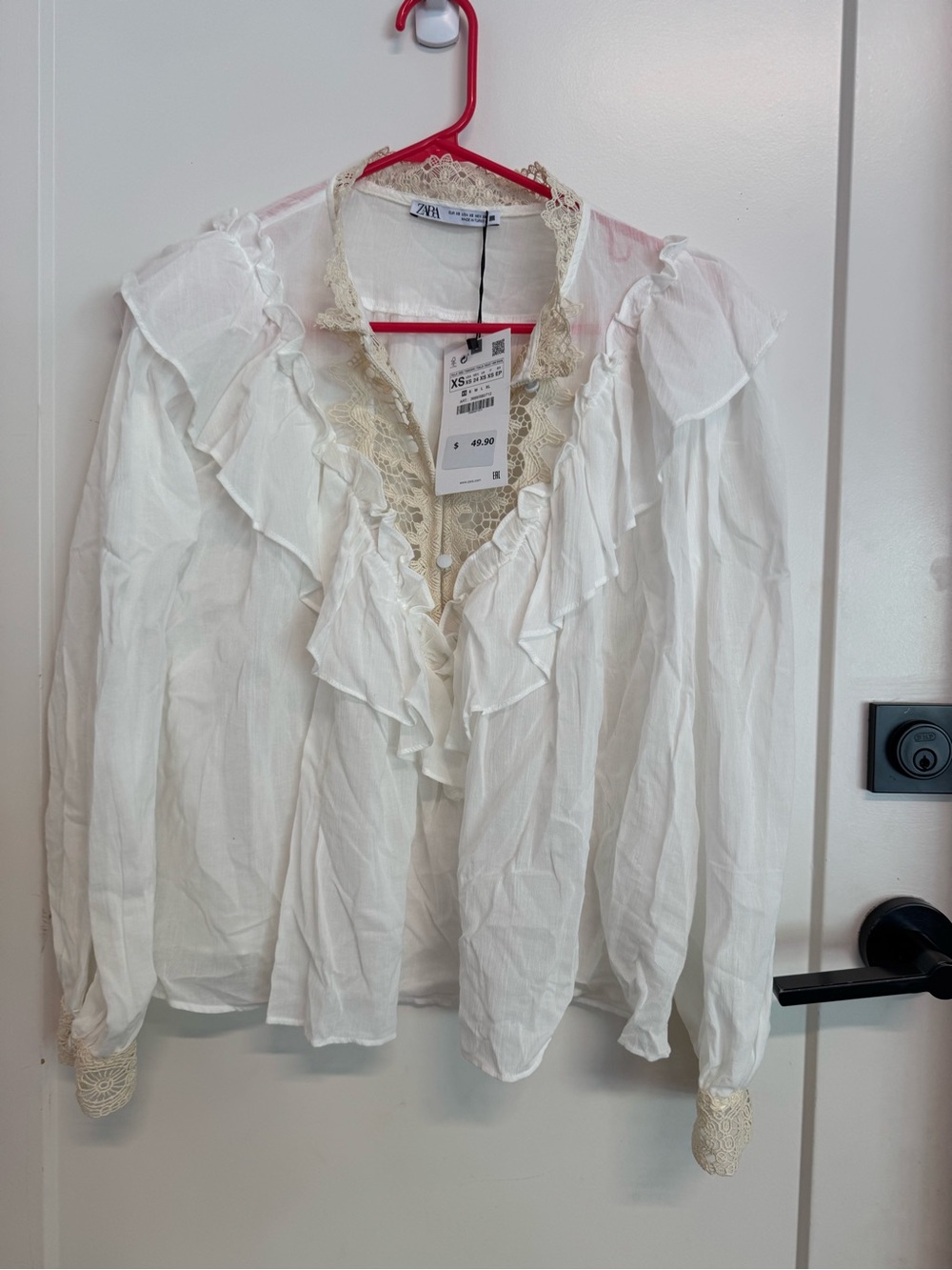 Zara Cream-Trim White Ruffle Lace Blouse